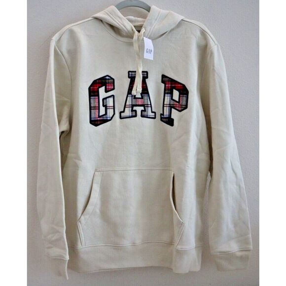 GAP 835589-02-1 Men's Sz Medium Beige Plaid Arch Logo Pullover Hoodie - Picture 1 of 8